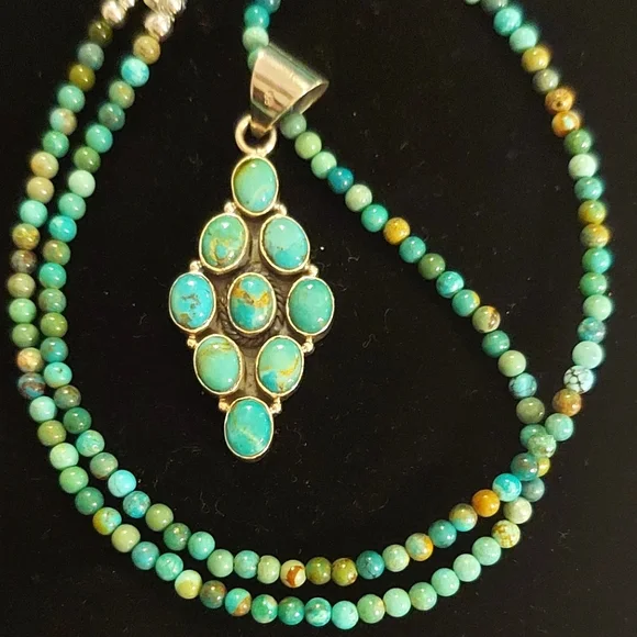 Natural Turquoise Beaded Neckace with Turquiose Pendant in Sterling Silver - Picture 1 of 11